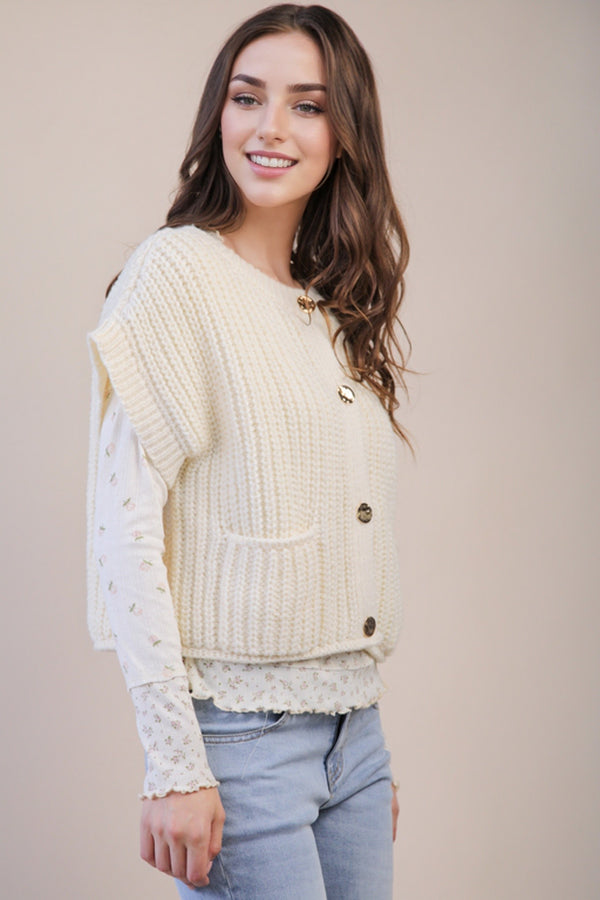 Oversized Button Down Knit Sweater Top in Cream