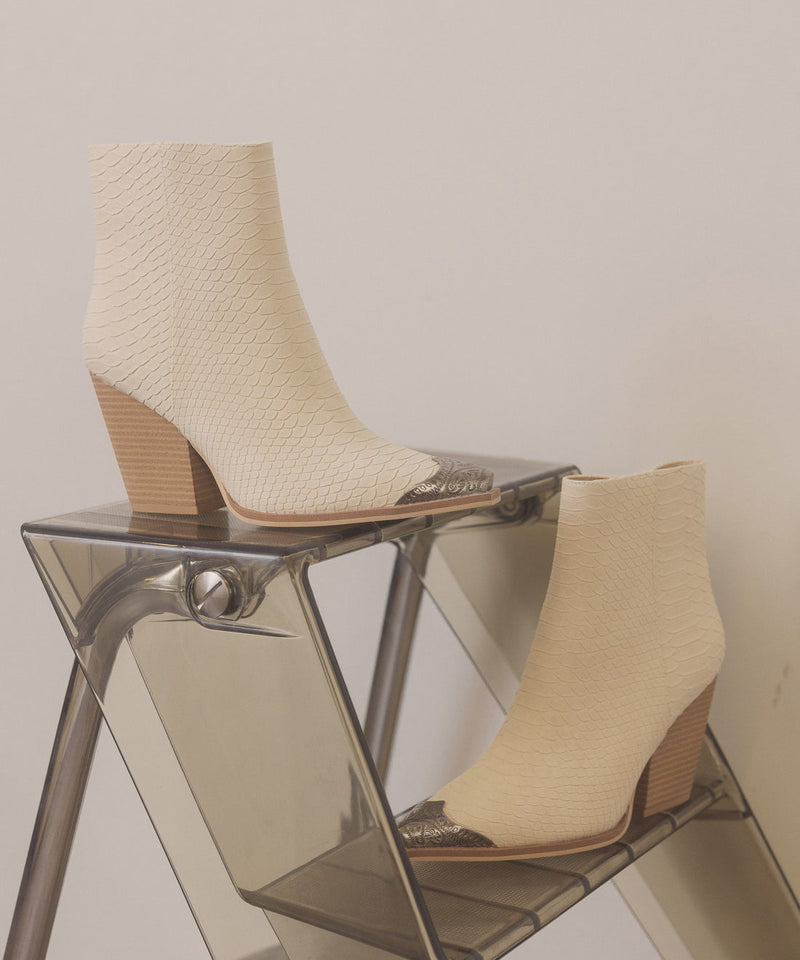 The Zion Beige | Elegant bootie with etched metal toe | by Oasis Society