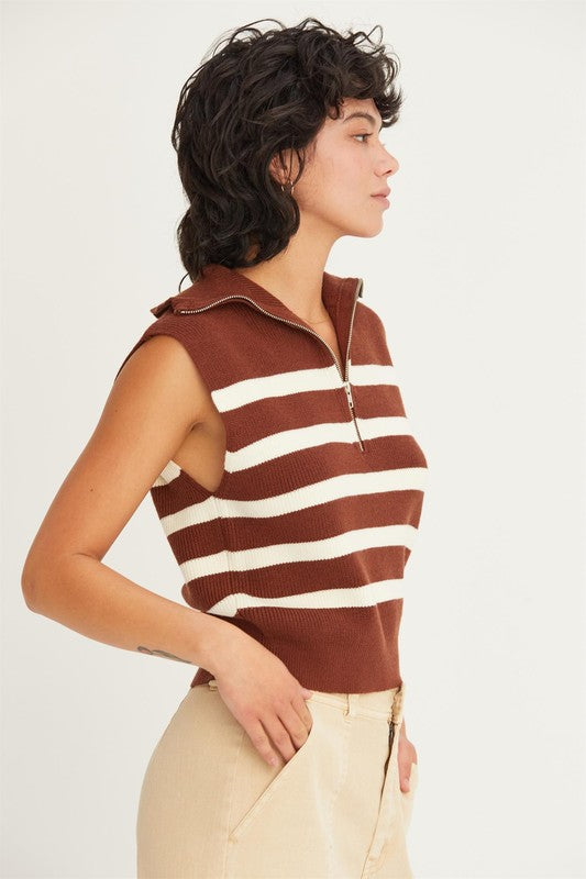 Striped Half Zip Sleeveless Sweater in Chestnut/Cream