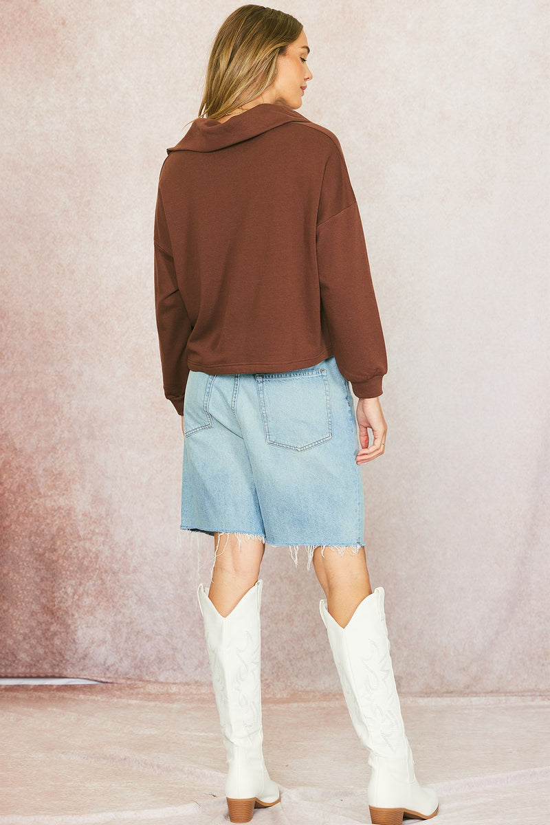Cotton Terry Oversized Collar Top in Cocoa - Final Sale