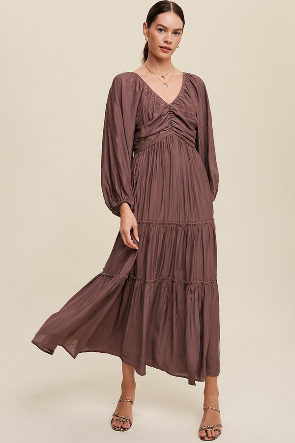 Cinched V-neck Long Sleeve Maxi Dress in Red Bean