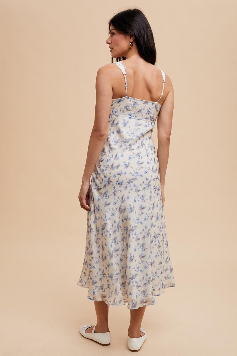 SCALLOPED LACE FLORAL PRINT DRESS in French Blue