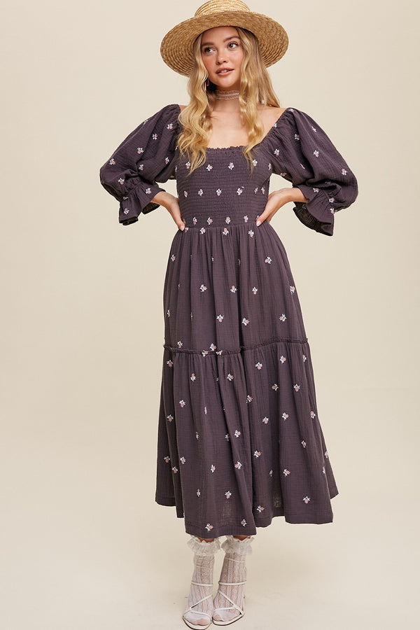 Ditzy Floral Embroidery Puff Sleeve Maxi Dress in Midnight