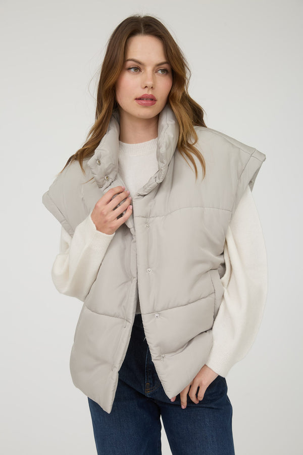 Oversized Snap Button Puffer Vest in Cement