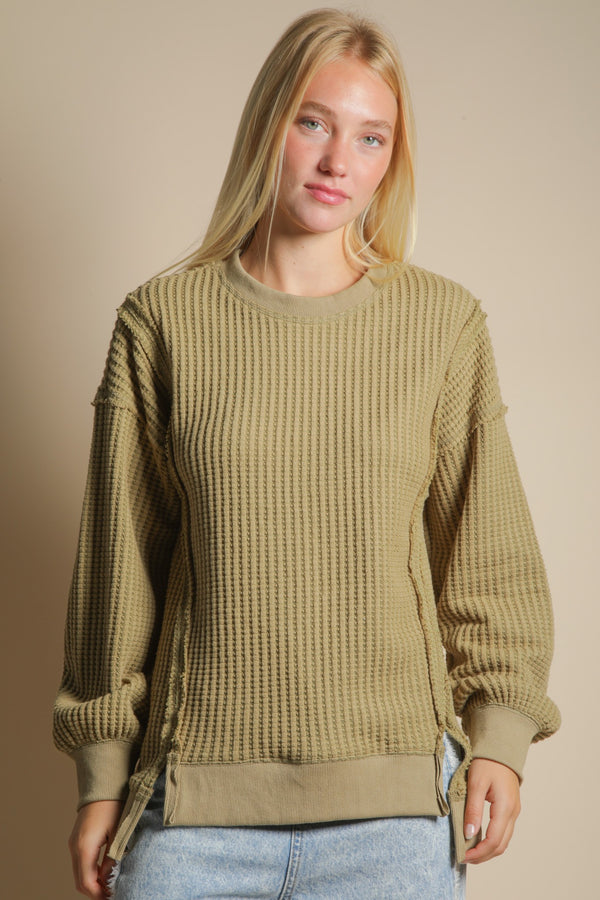 Oversized Waffle Knit Casual Top in Olive