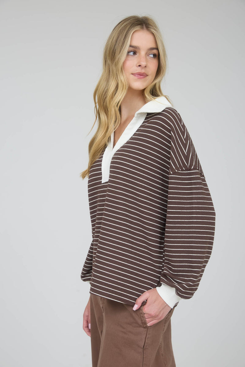Contrast Collar Stripe Long Sleeve Knit Top in Brown