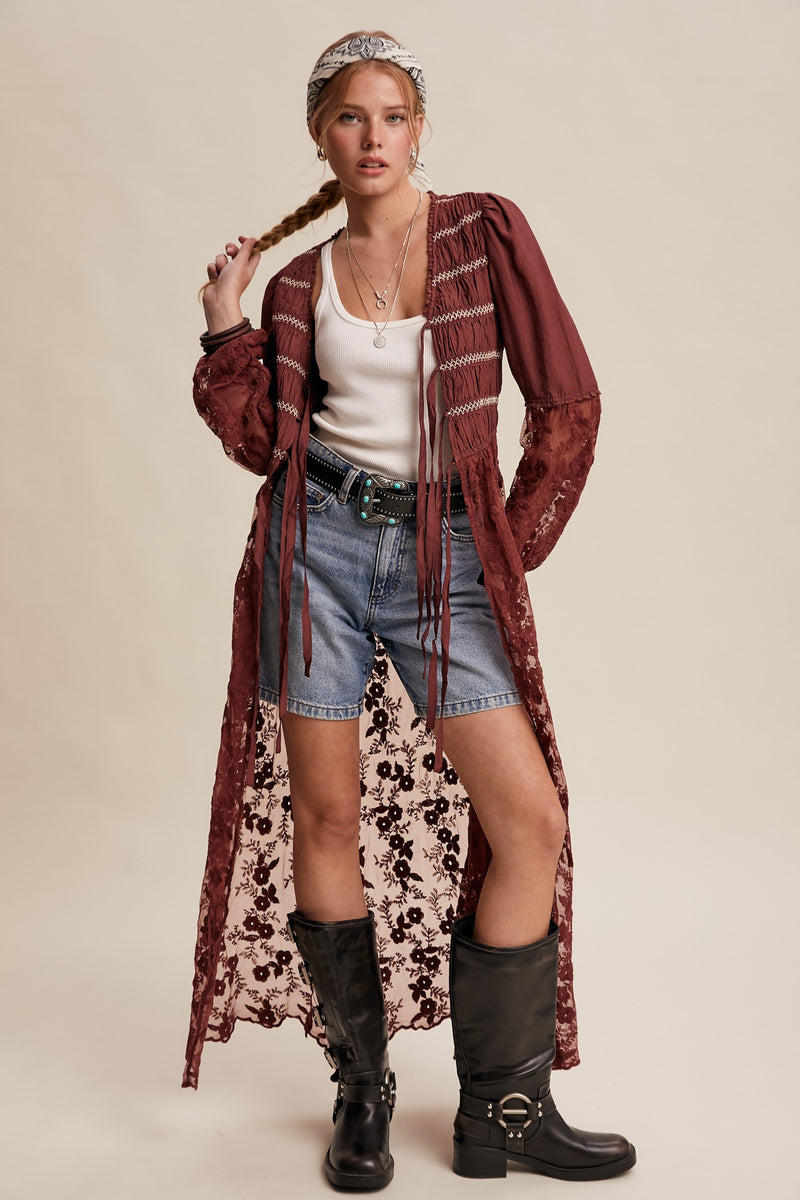 Lace-up Embroidered Maxi Kimono
