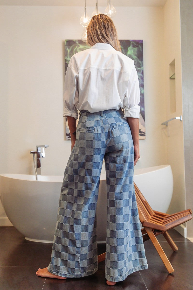Washed Two Tone Checker Wide Pants (Available S-XL)