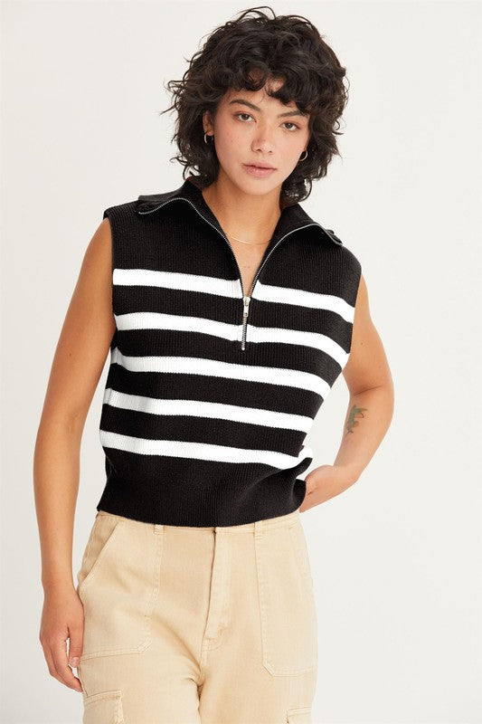 Striped Half Zip Sleeveless Sweater in Black/Cream