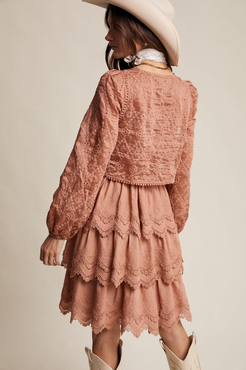 Tiered Scallop Embroidered Mini Dress in Terracotta