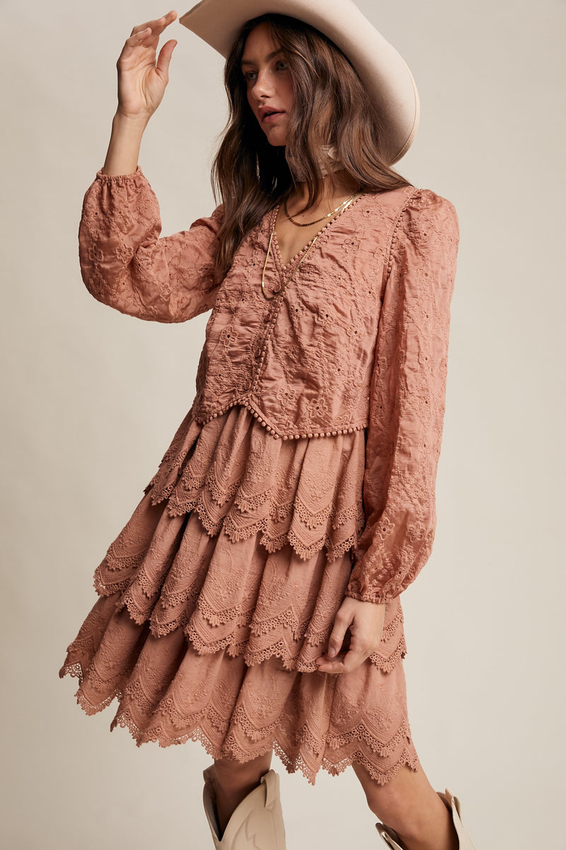 Tiered Scallop Embroidered Mini Dress in Terracotta