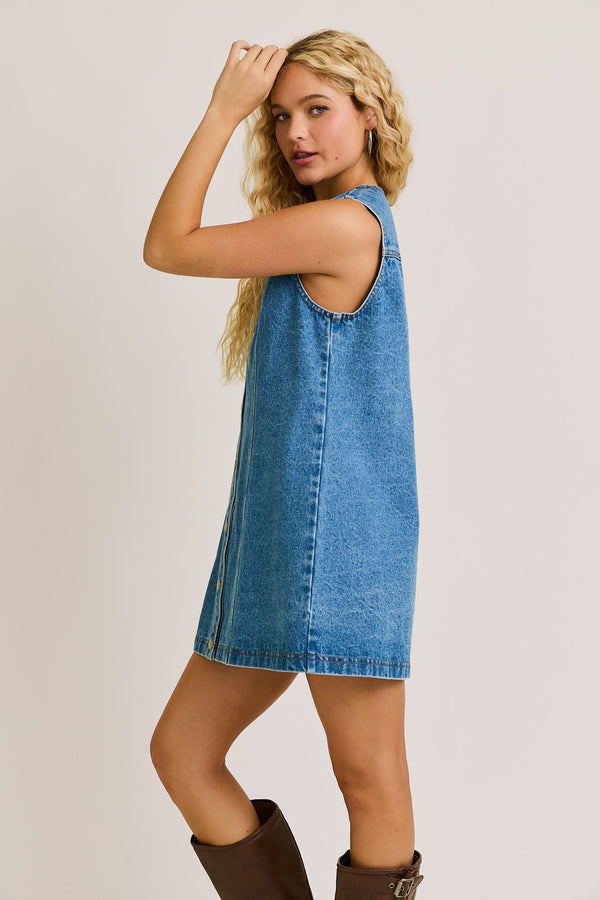 Sleeveless Round Neck Button Down Denim Mini Dress (Comes XS-L)
