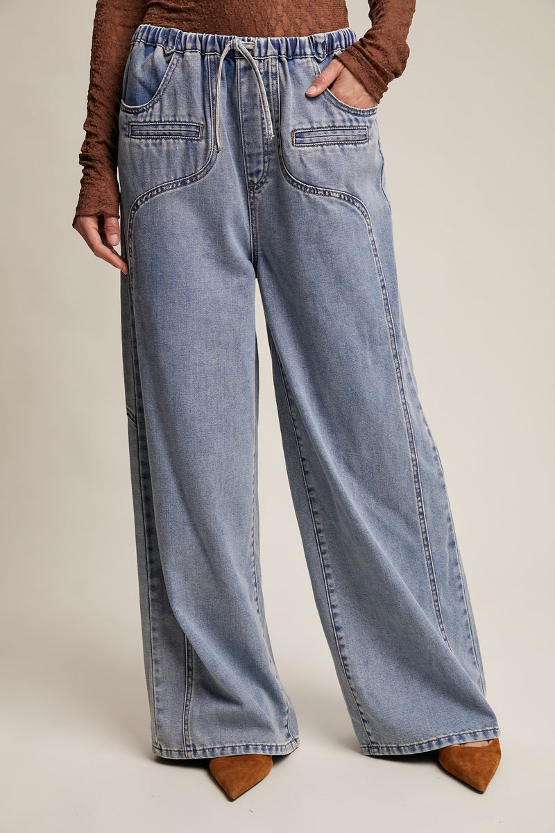Wide Leg Denim Drawstring Pants