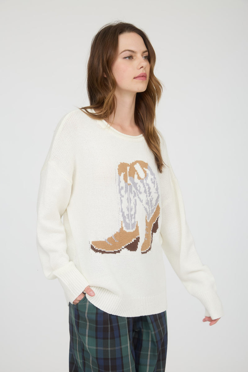 Western Boot Jacquard Long Sleeve Knit Sweater in Ivory