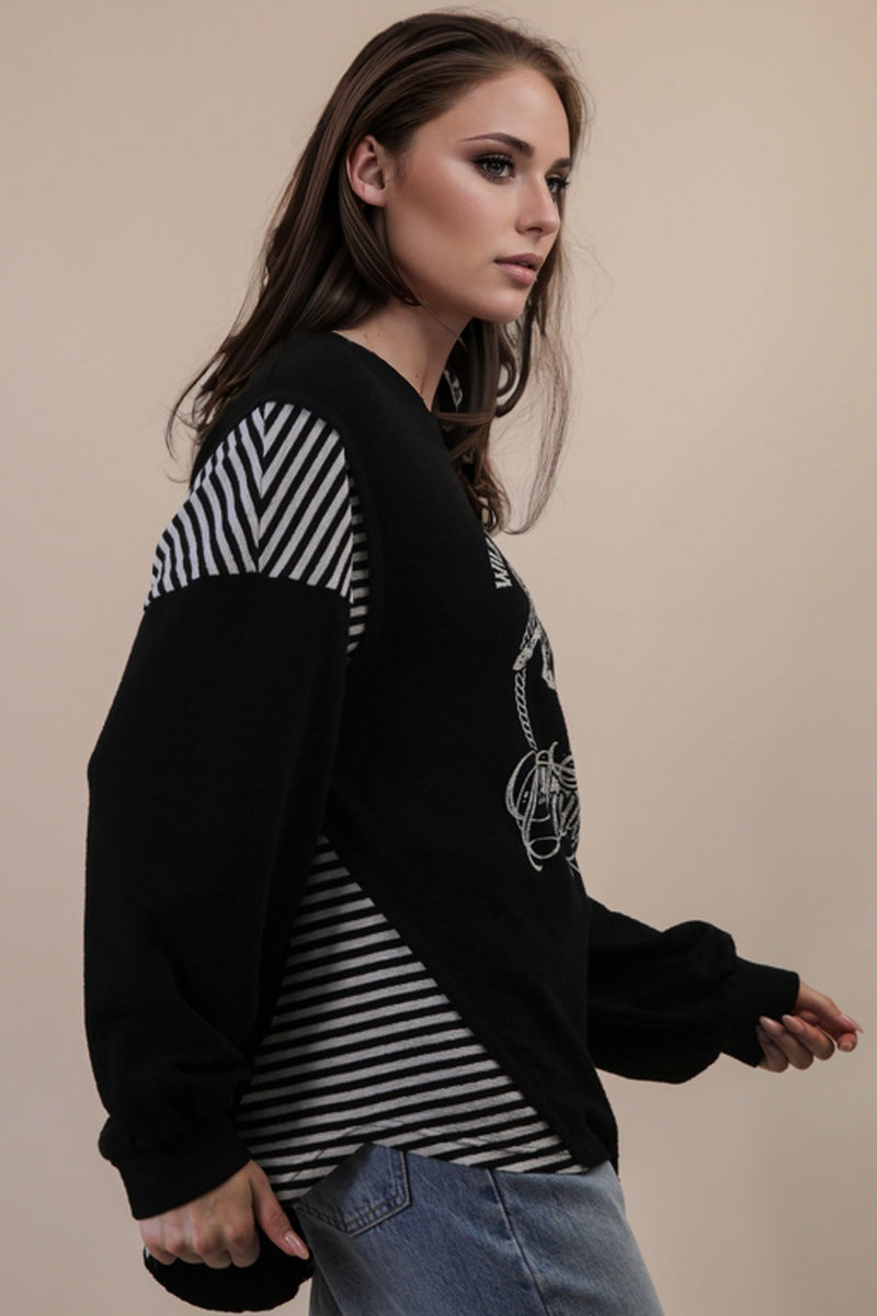 Oversized Mixed Media Western graphic Knit Top