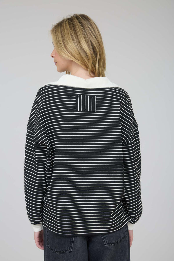 Contrast Collar Stripe Long Sleeve Knit Top in Black