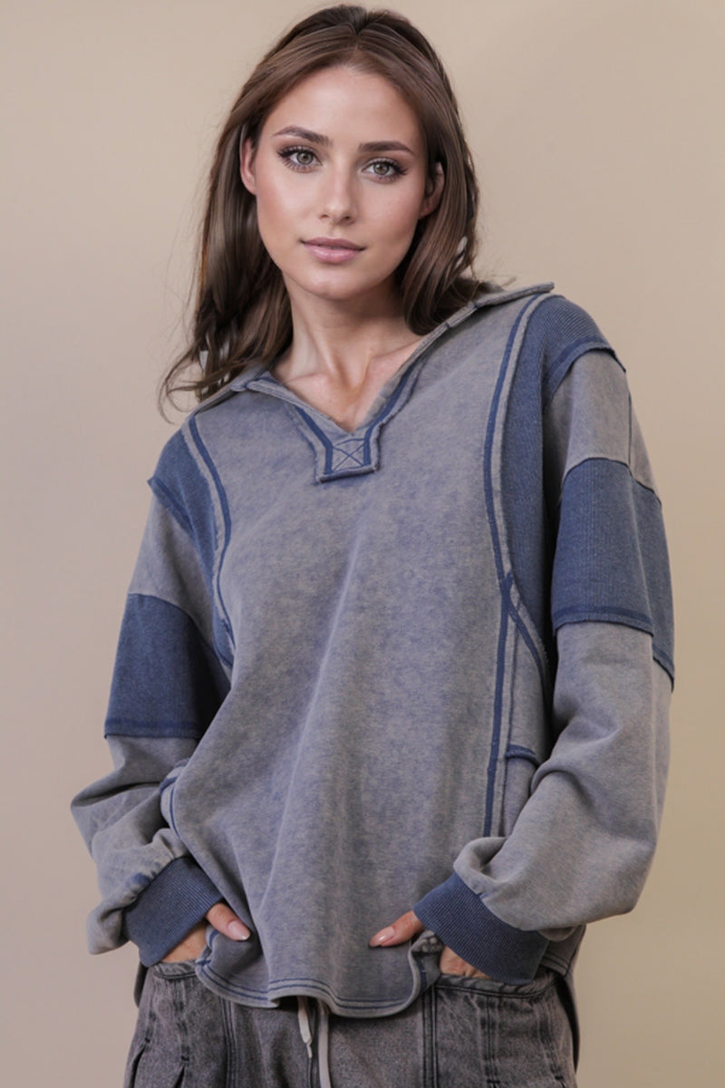 Mineral Washed Oversized French Terry Knit Top in Denim