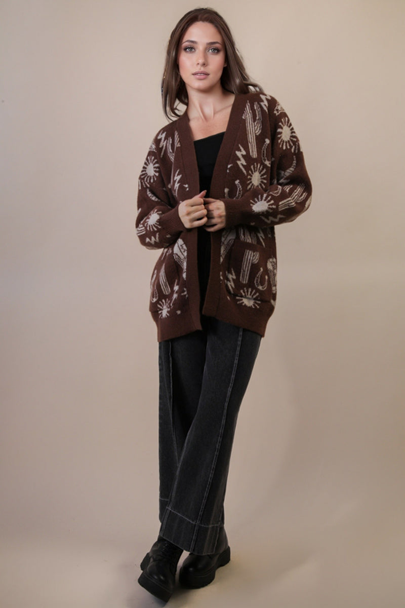 Oversized Western Graphic Knit Sweater Cardigan in Chocolate