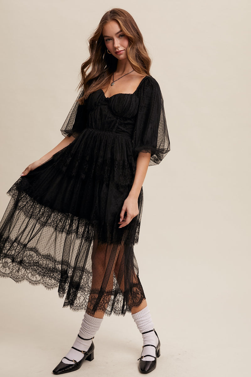 RESTOCK - Romantic Lace Midi Dress in Black