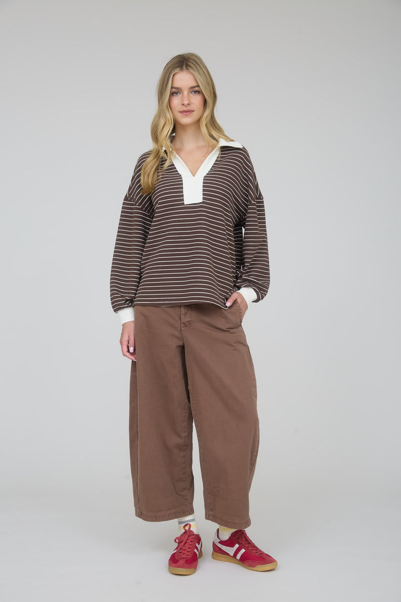Contrast Collar Stripe Long Sleeve Knit Top in Brown