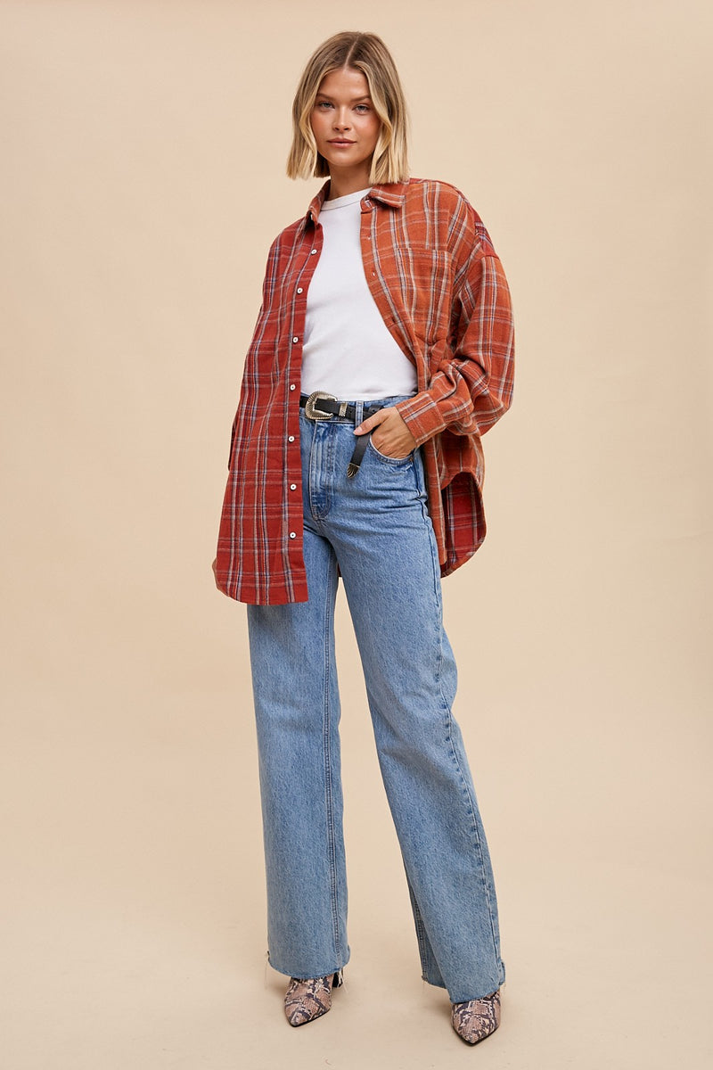 GARMENT WASHED TWO TONE PLAID BUTTON DOWN in Rust mix - Final Sale