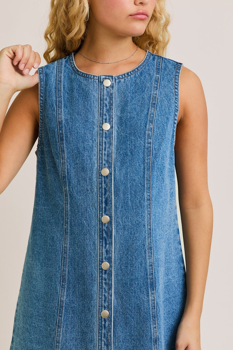 Sleeveless Round Neck Button Down Denim Mini Dress (Comes XS