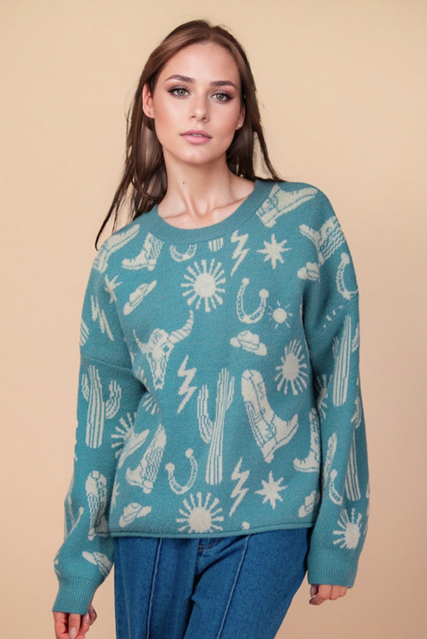 Western Graphic Oversized Knit Sweater Top in Sage