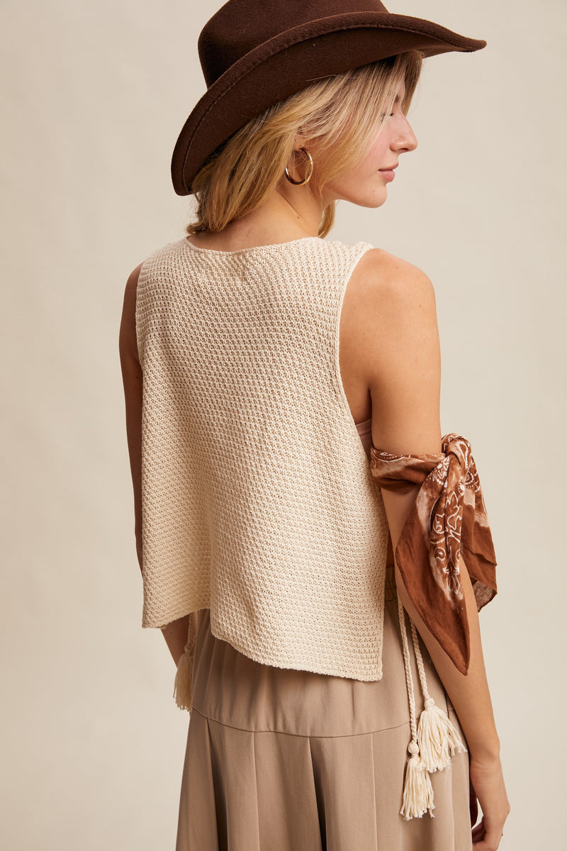 Crochet Granny Square Tassel Tie Vest in Ecru