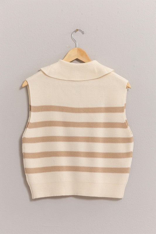 Striped Half Zip Sleeveless Sweater in Cream/Taupe