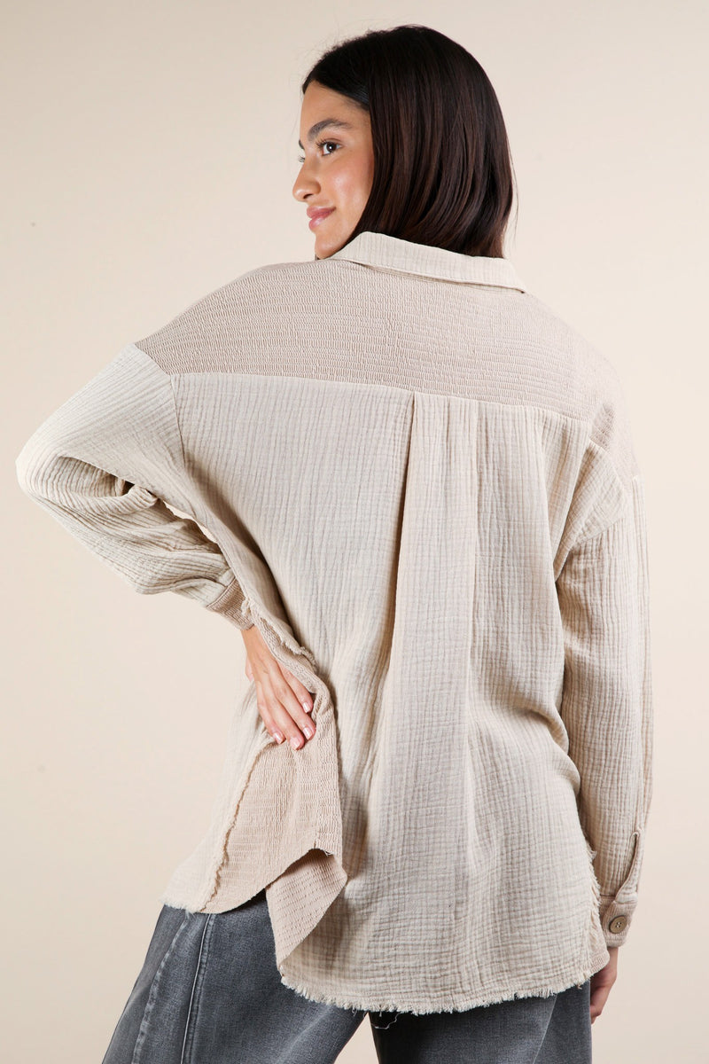 Mineral Washed Oversized Gauze Shacket Jacket in Taupe