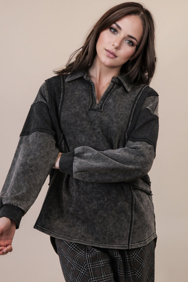 Mineral Washed Oversized French Terry Knit Top in Black