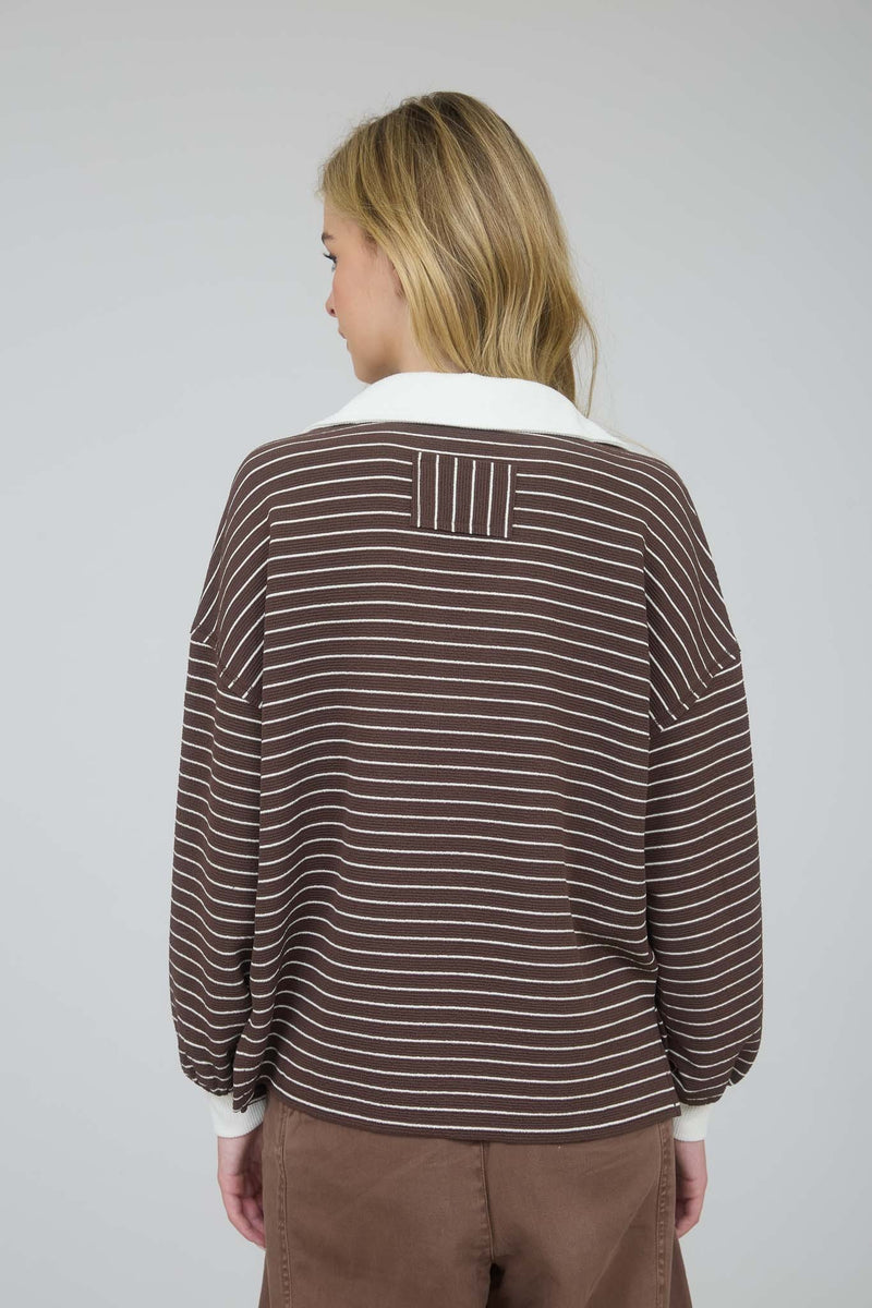 Contrast Collar Stripe Long Sleeve Knit Top in Brown