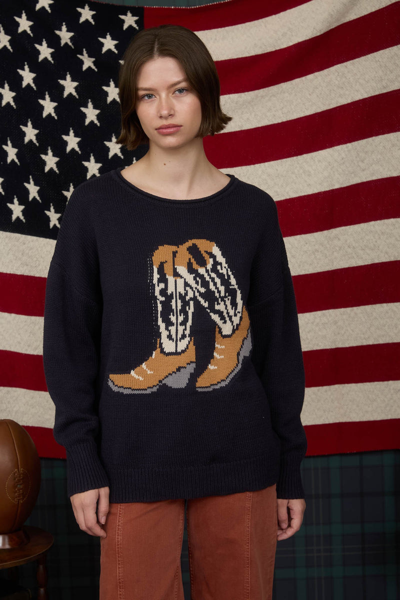 Western Boot Jacquard Long Sleeve Knit Sweater in Navy