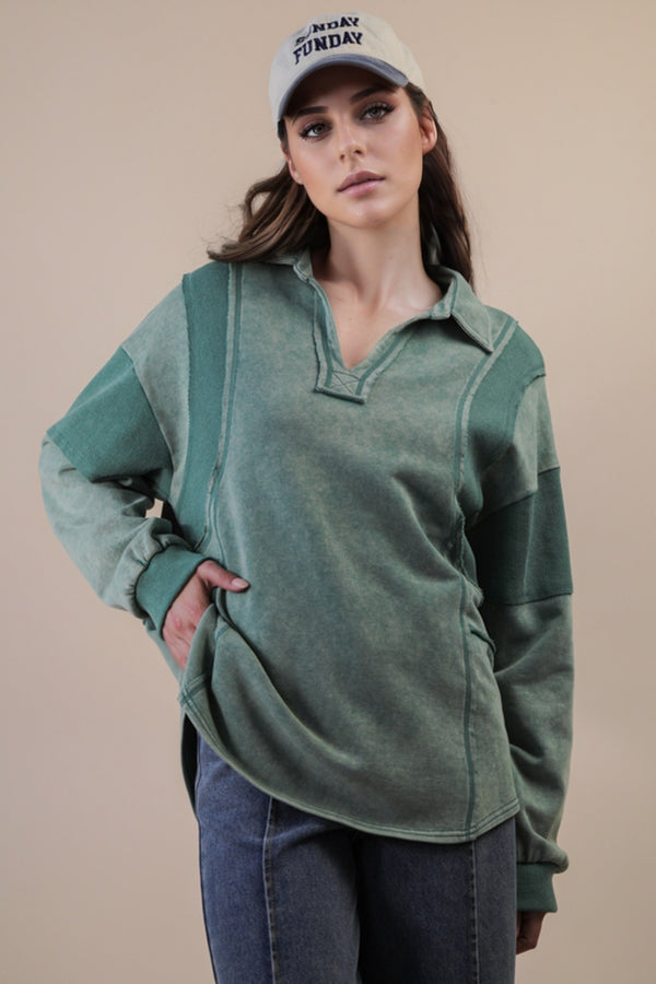 Mineral Washed Oversized French Terry Knit Top in Sage
