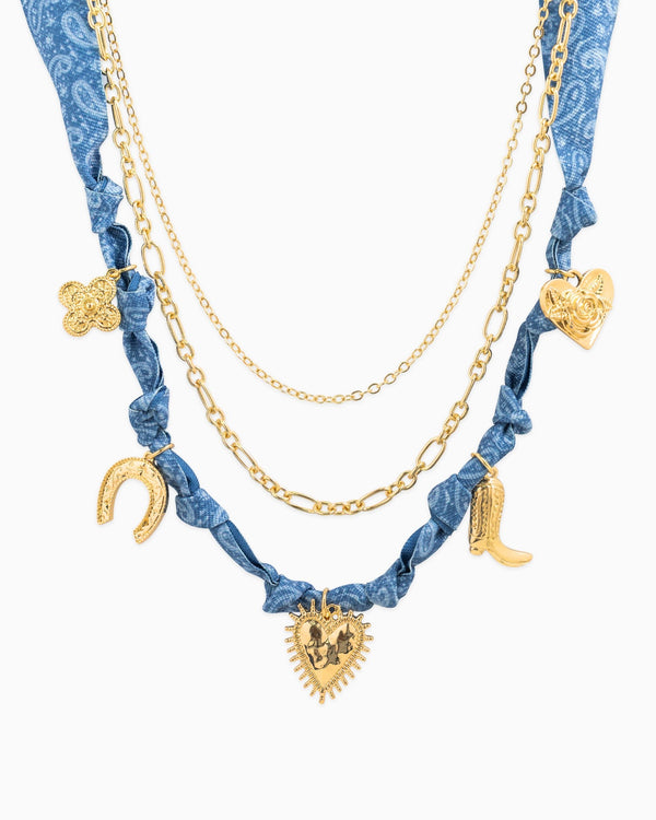 3 Layered Western Denim Bandana Scarf Necklace in Blue