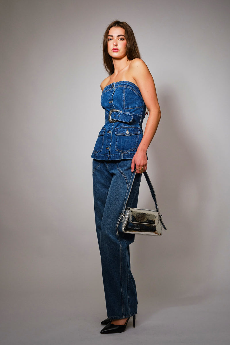 Western Buckle Detailed Belted Bustier Denim Top