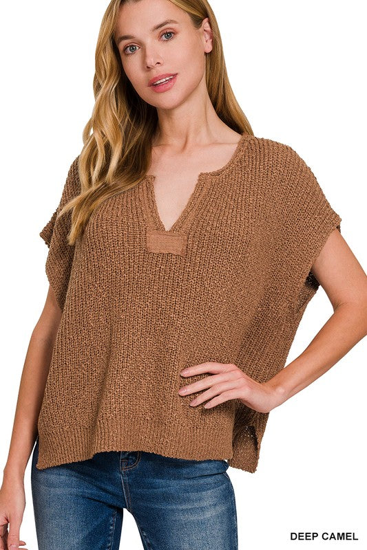 BACK PATCH ROLLED SPLIT-NECK SIDE SLIT PULLOVER in Deep Camel (S-XL)