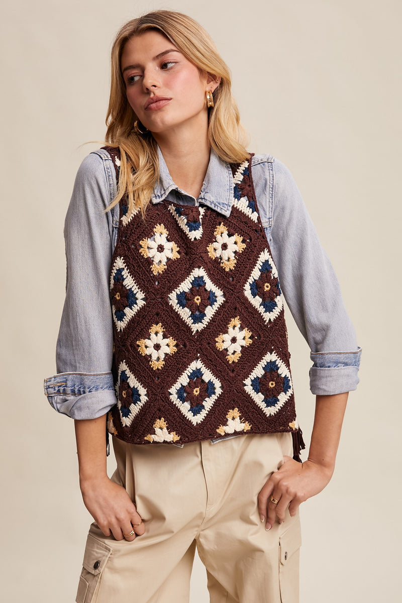 Crochet Granny Square Tassel Tie Vest in Mocha