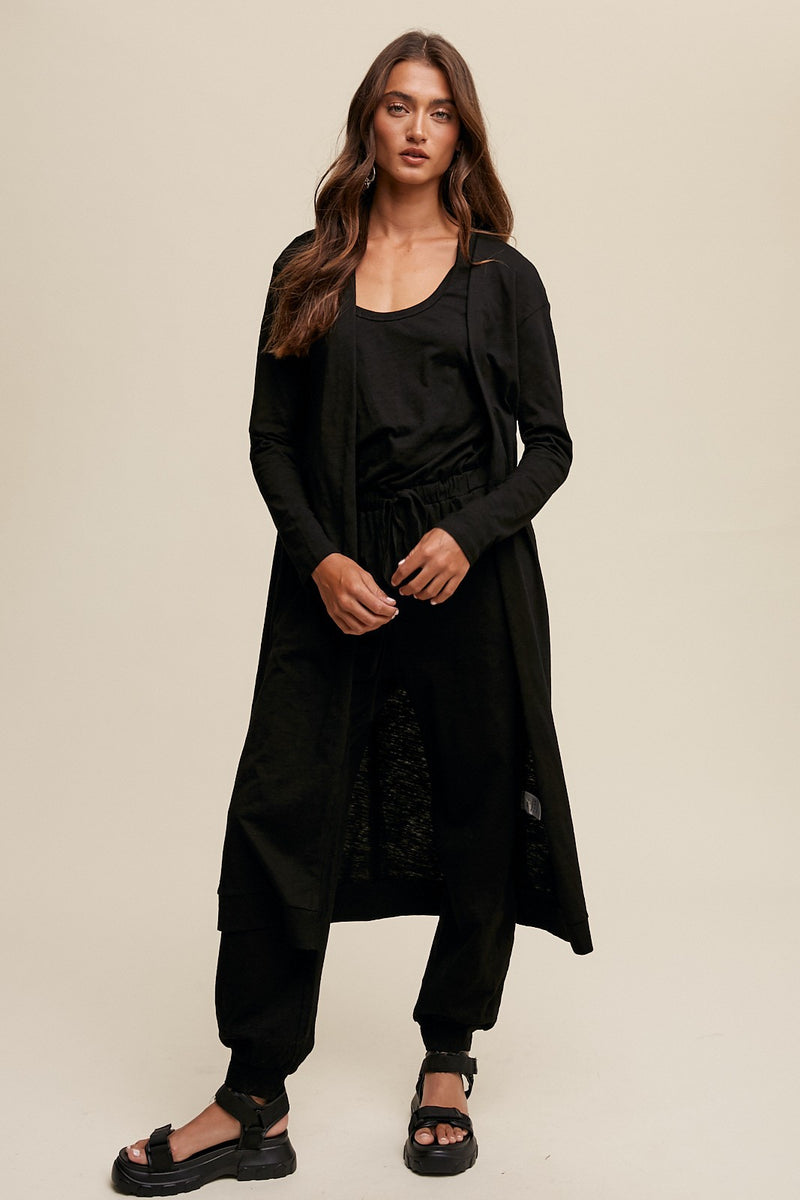 Cotton Jumpsuit and Long Cardigan Knit Set in Black