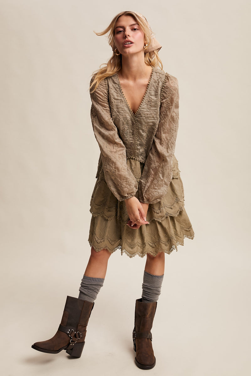 Tiered Scallop Embroidered Mini Dress in Olive