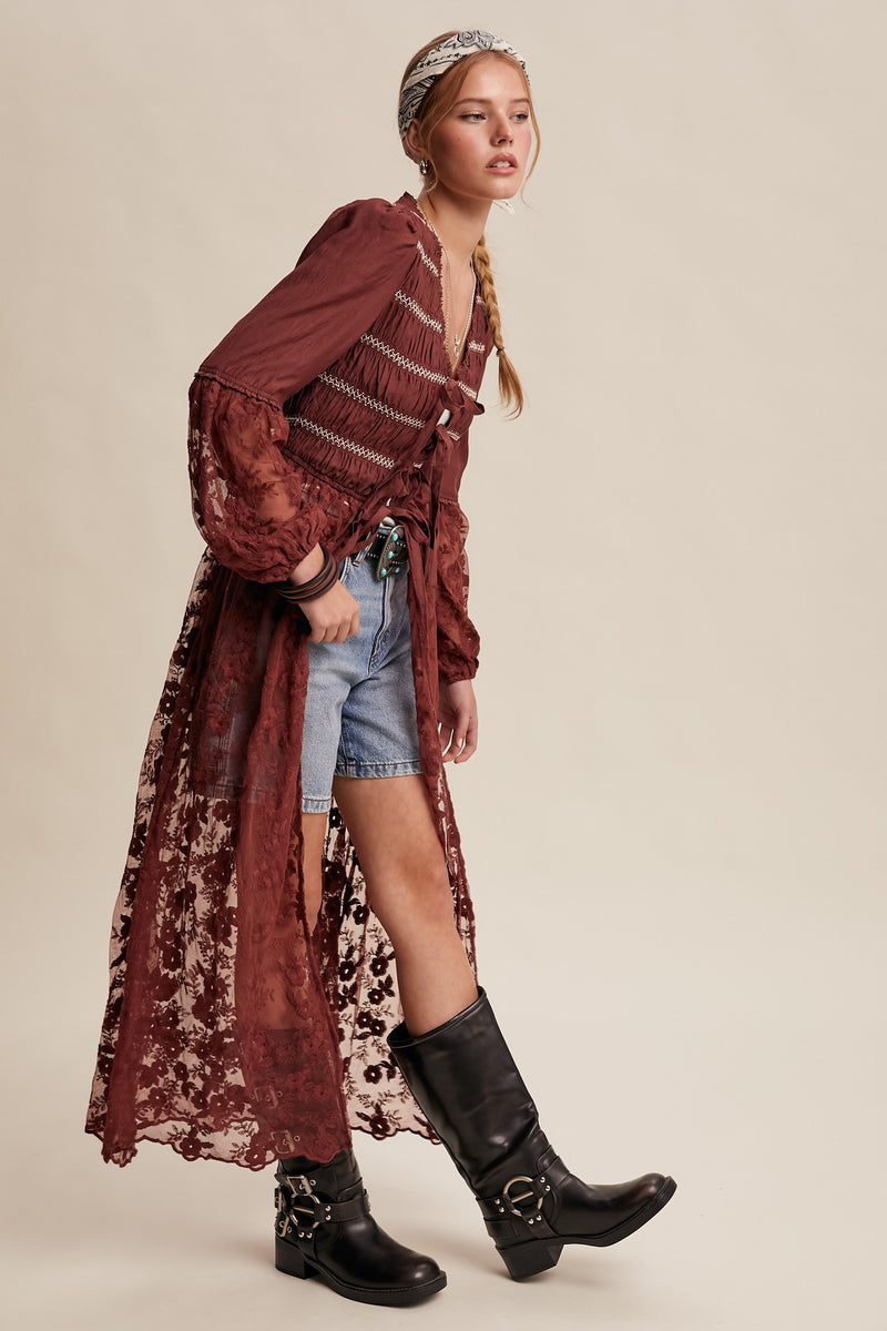 Lace-up Embroidered Maxi Kimono