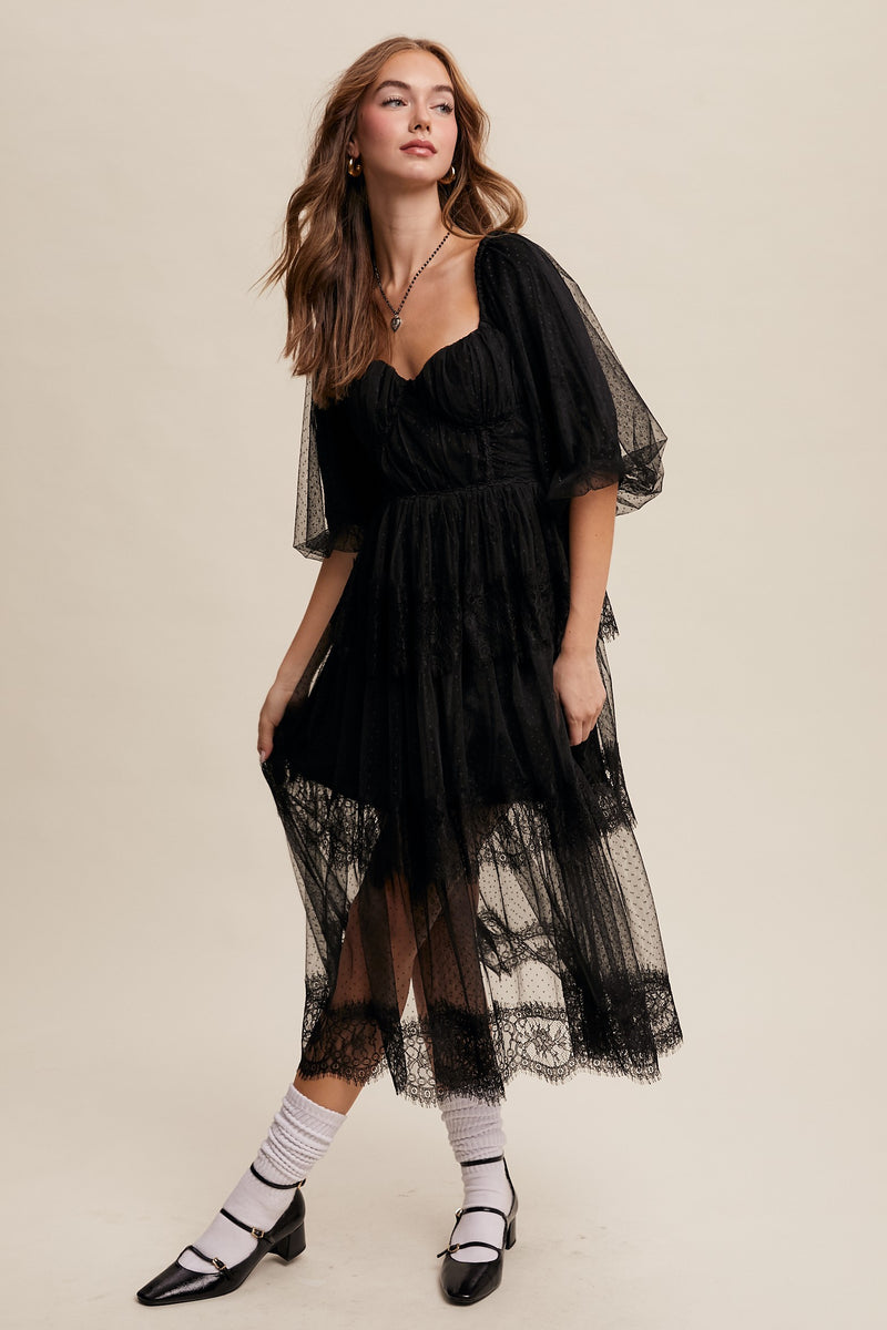 RESTOCK - Romantic Lace Midi Dress in Black