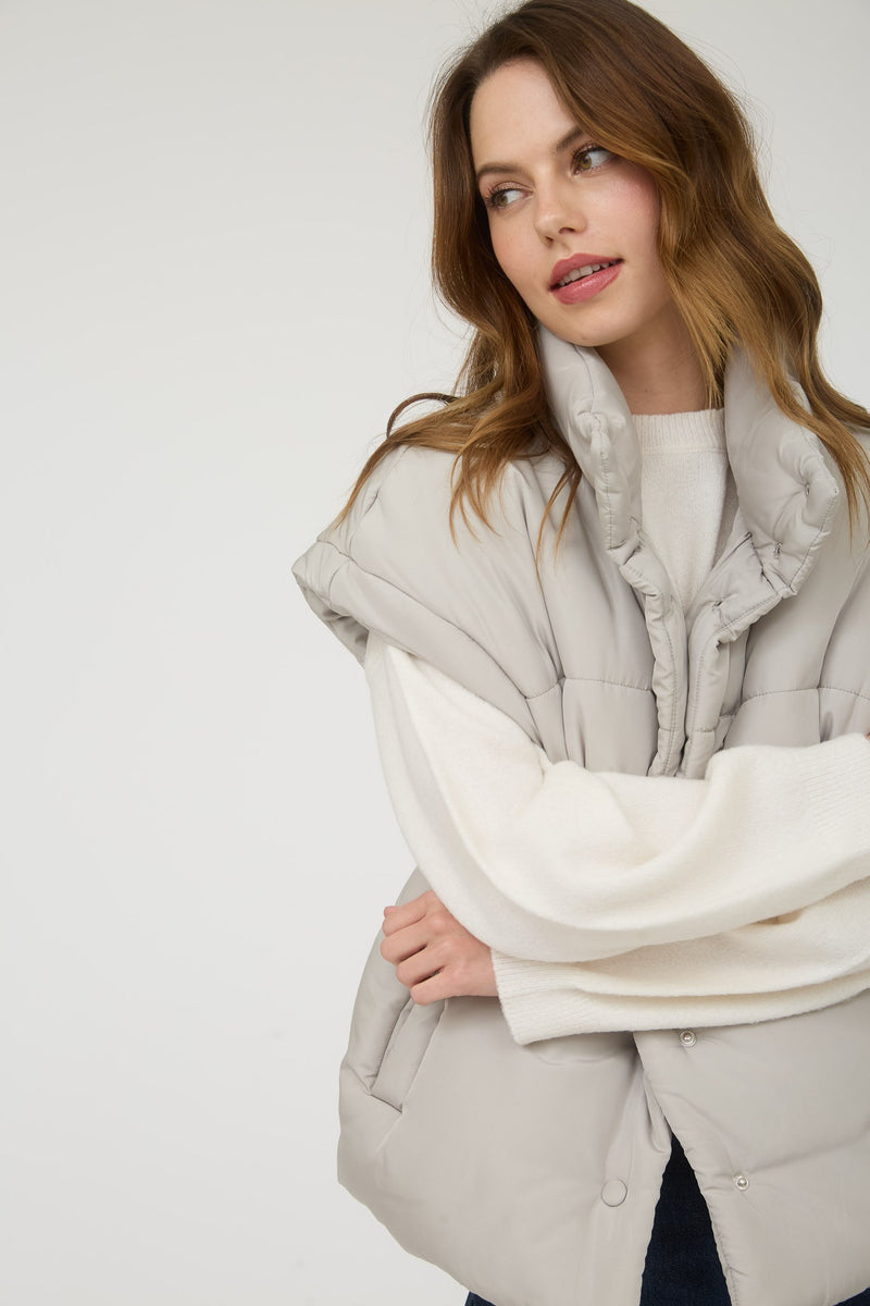 Oversized Snap Button Puffer Vest in Cement