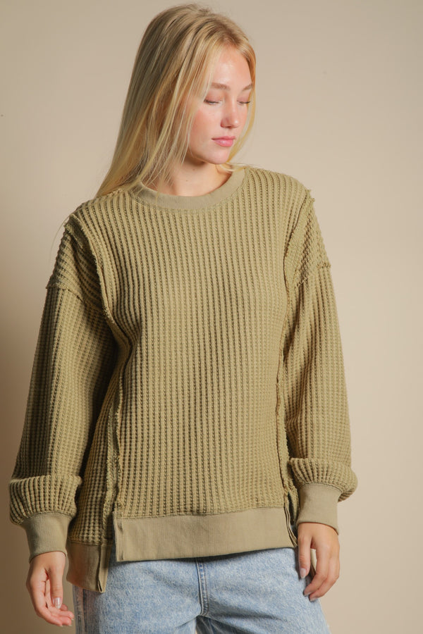 Oversized Waffle Knit Casual Top in Olive