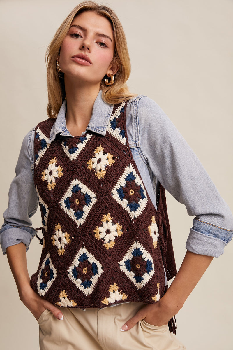Crochet Granny Square Tassel Tie Vest in Mocha