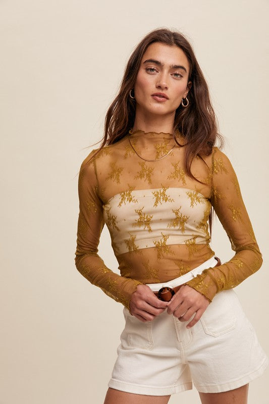 Lace Mock Neck Long Sleeve Layering Top in Lemon Grass (XS-XL)