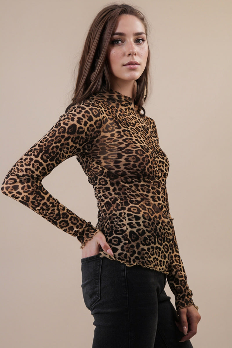 High Neck Fitted Sheer Mesh Lace Knit Top in Leopard