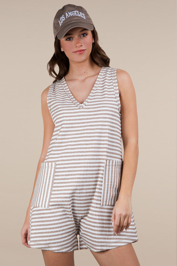 Striped Knit Casual Comfy Romper in Taupe