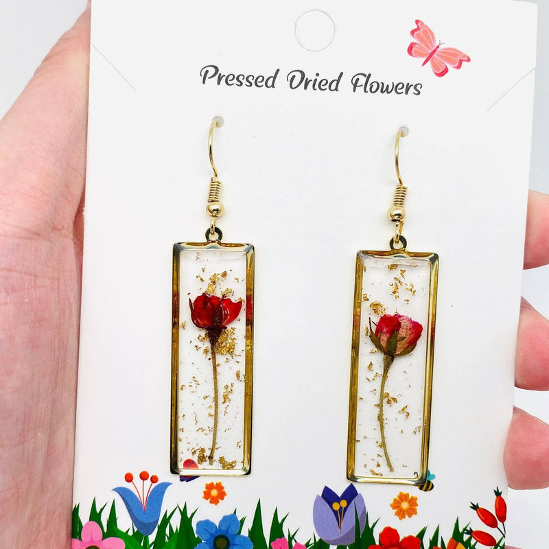 Rectangular Genuine Rose Dried Flowers Dangle Earrings