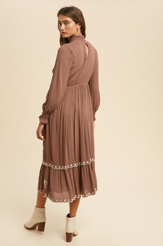 EMBROIDERED FOLKLORE MOCK NECK MIDI DRESS